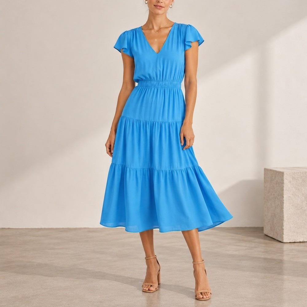 Amanda Uprichard Meredith Dress Women's Small Blue Flutter Sleeve Tiered